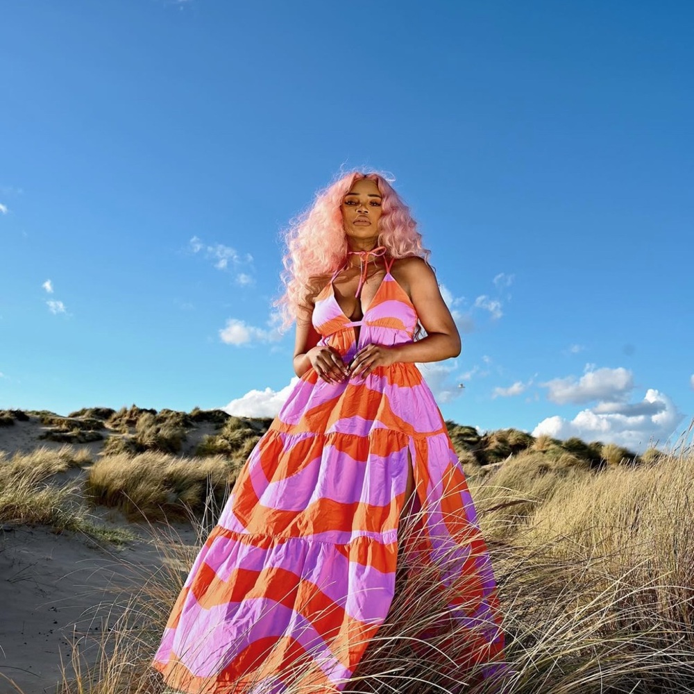 The Drop Pink and Orange Halter Maxi Sundress with slit - Picture 2 of 12